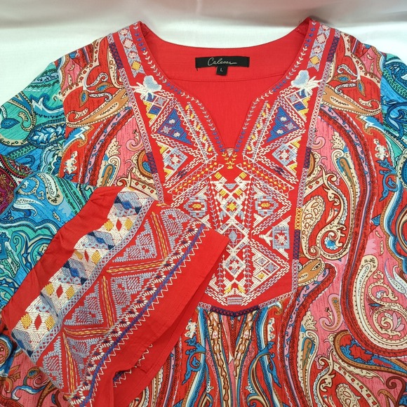 Calessa Tops - Calessa Tunic Top Womens L Paisley Boho Embroidered V-Neck 3/4 Bell Sleeve Flowy